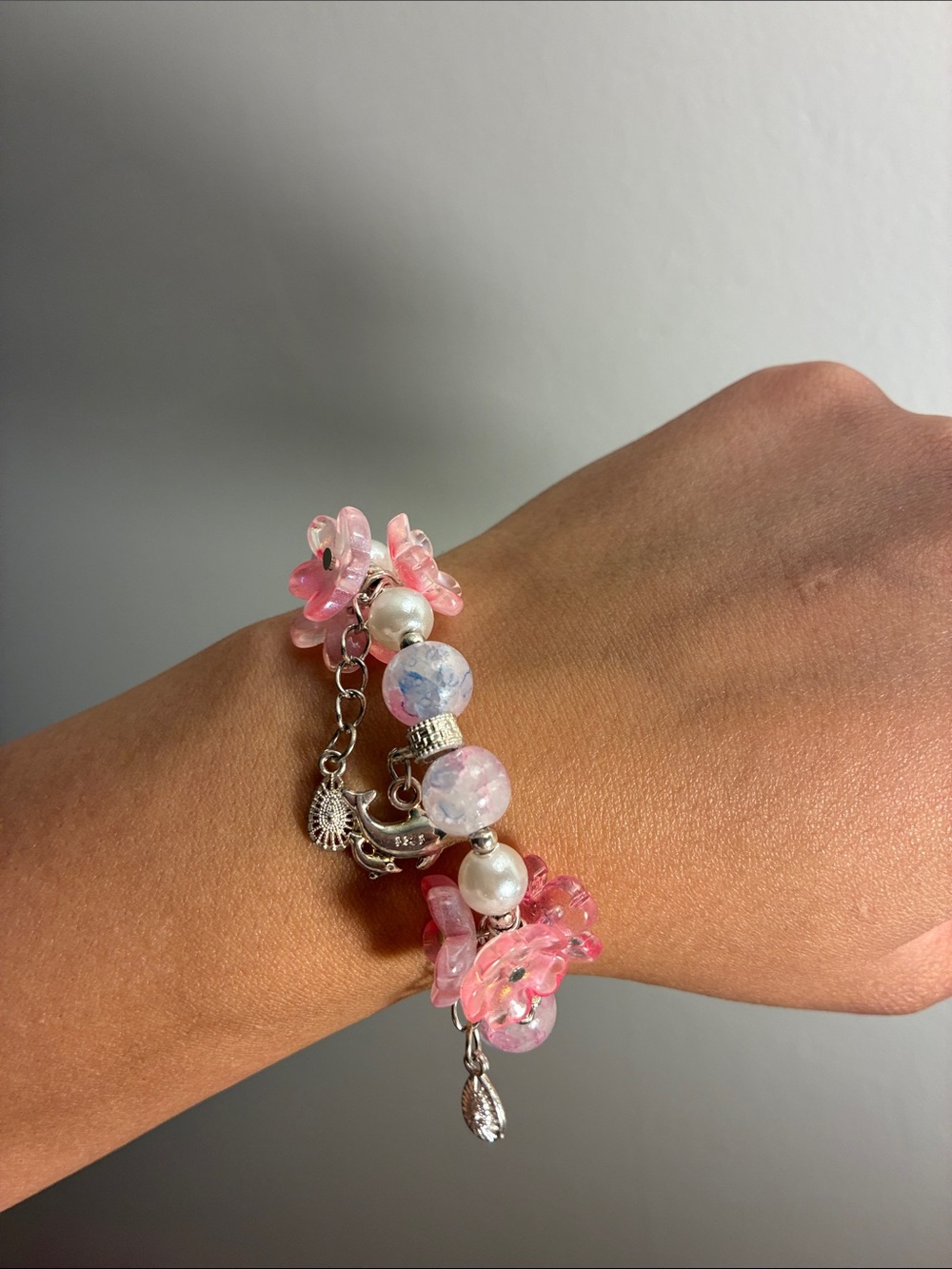 Hand Crafted Pink Floral Charm Bracelet with Pearls